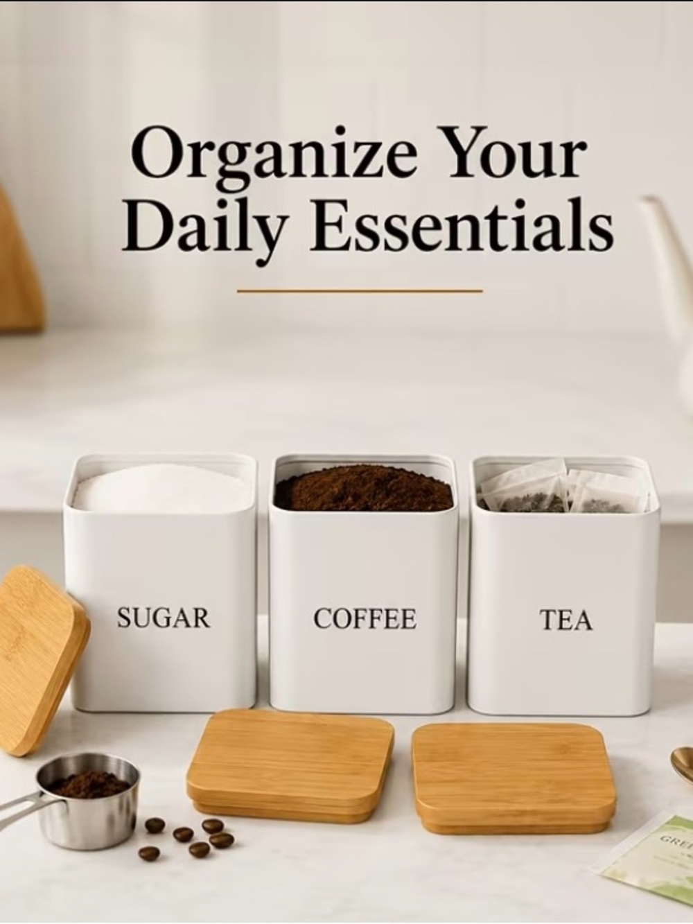 Amazon White  Sugar Coffee Tea Canister Set with Bamboo Lids